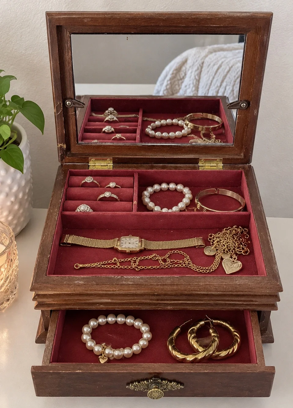 Wooden Jewelry Box with Photo Frame Lid Mirror Drawer Ring Organizer Brown